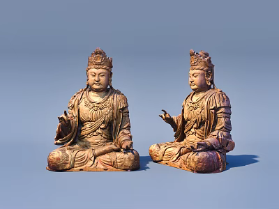 Wooden Seated Buddha Sculptures With Crowned Heads And Hand Gestures 3d model