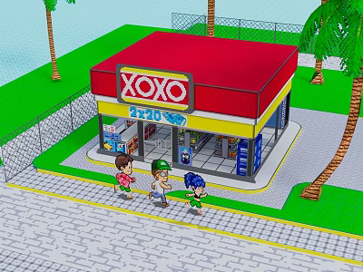 XOXO Convenience Store Building With Red Roof Palm Trees And Children Walking In Front 3d model