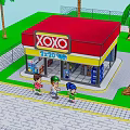 XOXO Convenience Store Building With Red Roof Palm Trees And Children Walking In Front