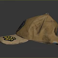 Brown Distressed Baseball Cap With Yellow Leaf Patch And Circular Orange Black Badge 3d model