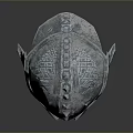 Silver Metallic Weapon Helmet With Detailed Carved Design And Reflective Surface