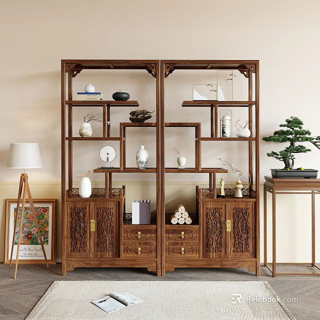 Traditional Chinese Wooden Display Cabinet With Carved Shelves Cabinets Drawers And Decorative Vases Ornaments 3d model 