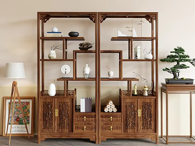 Traditional Chinese Wooden Display Cabinet With Carved Shelves Cabinets Drawers And Decorative Vases Ornaments 3d model