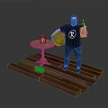 Man Standing On Wooden Plank Platform With Round Table Metal Canister And Red Stool