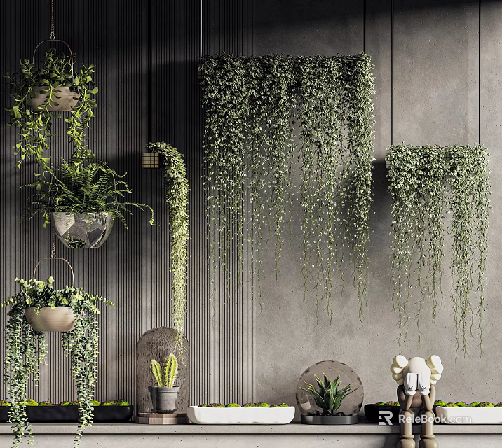 Indoor Hanging Basket Plants With Trailing Greenery Decorating Grey Textured Wall 3d model