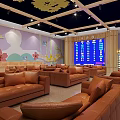 Kids Activity Room Interior With Brown Sofas Colorful Murals Flowers Butterflies Trees And Mushroom Decorations