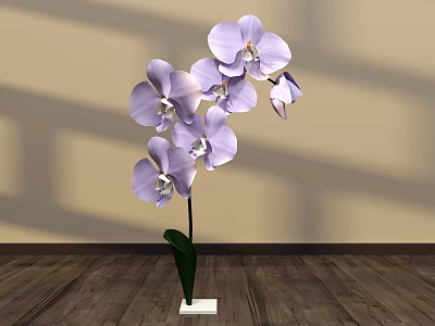 Floral Display Featuring Purple Orchids in Green Vase with White Base on Wooden Floor 3d model