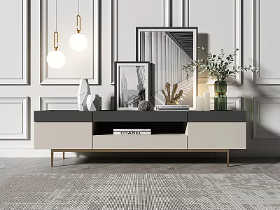 Modern TV Stand with Black White Design Gold Legs and Decorative Frames Vase Green Plants 3d model
