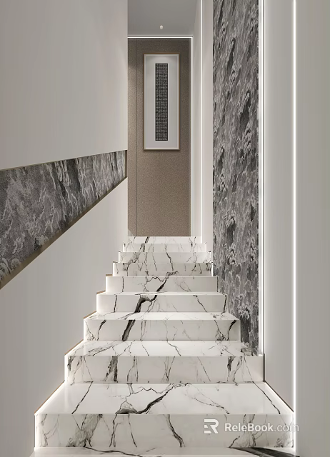 Modern White Marble Staircase With Black Veins And Light Wall Decor 3d model 