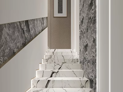 Modern White Marble Staircase With Black Veins And Light Wall Decor 3d model