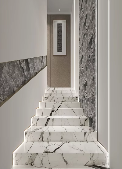 Modern White Marble Staircase With Black Veins And Light Wall Decor 3d model