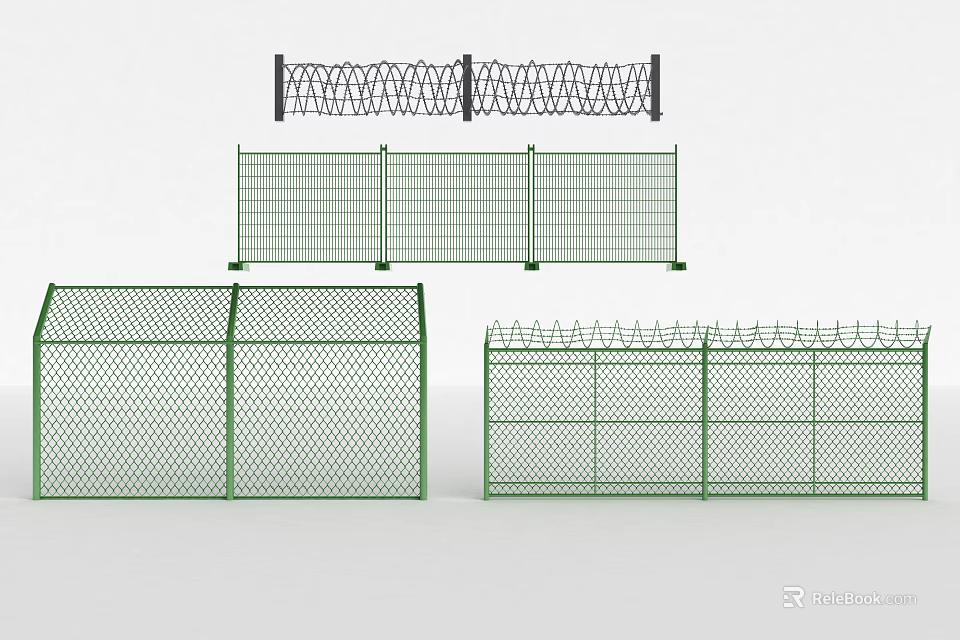 Different Types Of Metal Security Fences With Barbed Wire And Mesh Panels 3d model 