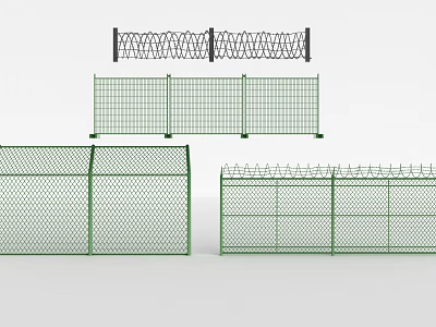 Different Types Of Metal Security Fences With Barbed Wire And Mesh Panels 3d model