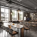 Modern Industrial Restaurant Interior With Open Layout Large Windows Metal Tables Chairs And Wine Rack