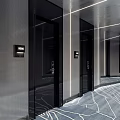 Modern Hotel Corridor With Black Room Doors Linear Lighting And Patterned Floor Carpet 3d model