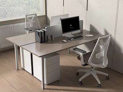 Modern Office Desk Setup With Wooden Top Computer Monitor Ergonomic Chair And Storage Cabinets 3d model