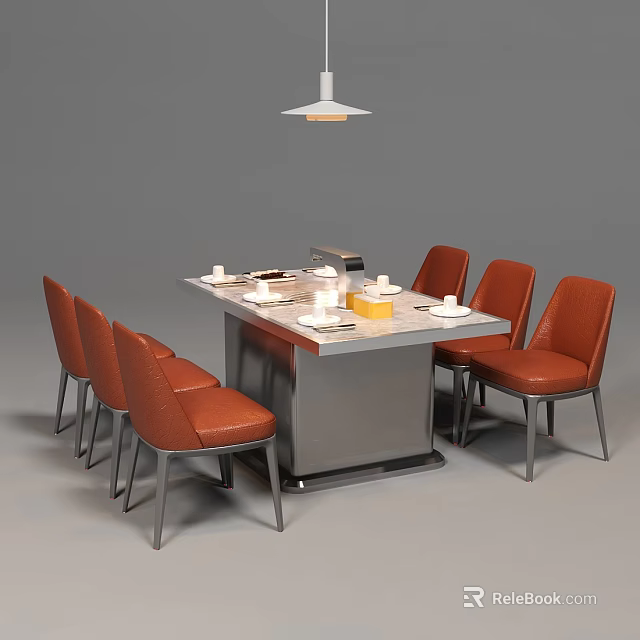 Modern Rectangular Dining Table Set With Six Orange Leather Chairs Metal Legs And Tableware 3d model 