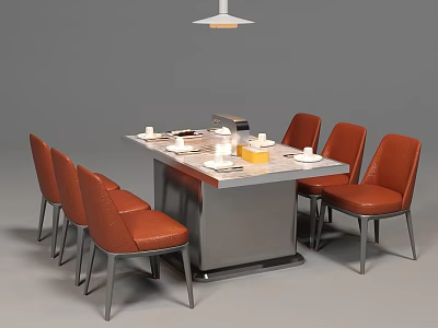 Modern Rectangular Dining Table Set With Six Orange Leather Chairs Metal Legs And Tableware 3d model