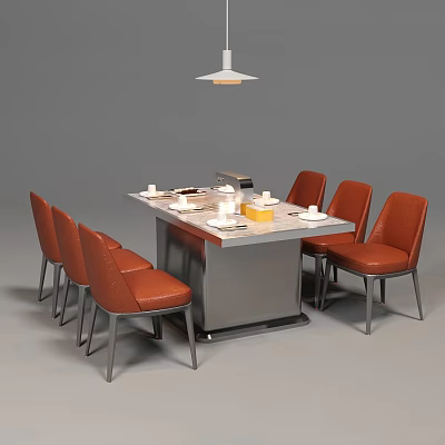 Modern Rectangular Dining Table Set With Six Orange Leather Chairs Metal Legs And Tableware 3d model