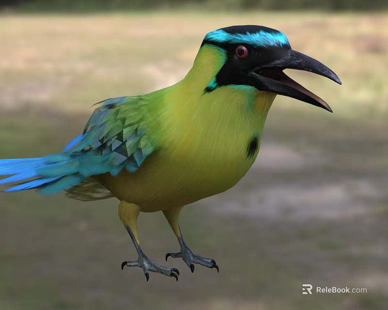 Vibrant Green And Blue Feathered Bird With Open Beak In Perched Stance 3d model 