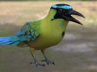 Vibrant Green And Blue Feathered Bird With Open Beak In Perched Stance 3d model