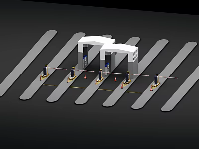 Industrial Park Entrance Gate With Security Check Points Staff Traffic Cones And Lanes 3d model