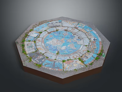 Modern Octagonal Floor Decoration With Blue Circular Pattern Colorful Tiles And Green Plants 3d model
