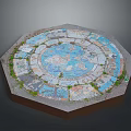 Modern Octagonal Floor Decoration With Blue Circular Pattern Colorful Tiles And Green Plants