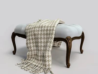 Upholstered Footstool With Soft Blue Cushion Wooden Carved Legs And Houndstooth Fringe Blanket 3d model