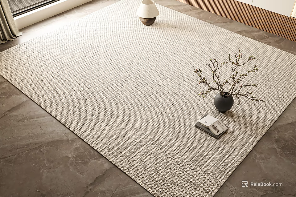 Modern Square Rug With Textured Weave Beige Tone And Black Vase Branches Open Book 3d model 