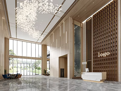 Elegant Hotel Lobby With Wooden Accents Large Windows Chandelier Reception Desk And Logo Wall 3d model