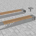 Modern Landscape Seats With Wooden Panels Metal Frames And Decorative Patterns On Stone Paved Floor