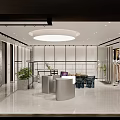 Modern Clothing Store Interior With Curved Reception Desk Marble Wall And Green Plants