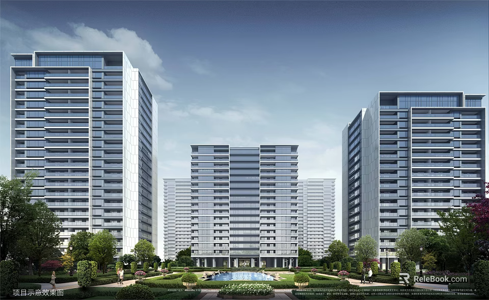 Modern High Rise Residential Buildings With Greenery And Central Water Feature 3d model 