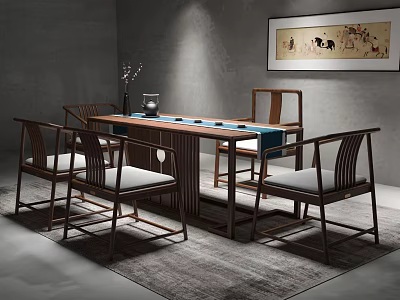 Chinese Style Wooden Tea Table And Chairs With Decorative Painting And Rug 3d model