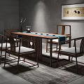 Chinese Style Wooden Tea Table And Chairs With Decorative Painting And Rug