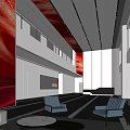 Modern Lobby Interior With Red Decorative Wall White Ceiling Furniture And Floor To Ceiling Windows