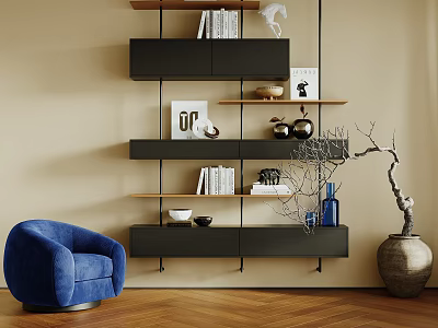 Modern Wall Mounted Black Wooden Shelving with Books Decor in Beige Interior and Blue Armchair 3d model