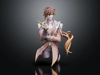 3D Anime Character With Brown Hair Purple White Outfit Golden Weapon And Ribbon 3d model