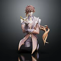 3D Anime Character With Brown Hair Purple White Outfit Golden Weapon And Ribbon