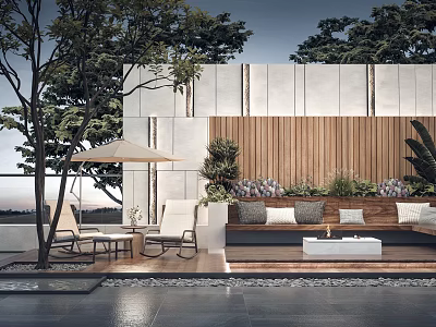 Modern Garden Outdoor Space With Wooden Wall Sofa Umbrella And Green Plants 3d model