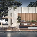 Modern Garden Outdoor Space With Wooden Wall Sofa Umbrella And Green Plants