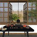Fresh Fruits And Tea Set On Wooden Dining Table With Natural Window And Plants