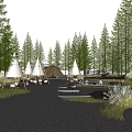 Serene Garden Landscape With White Teepees Pine Trees Gravel Pathway And Seating Areas