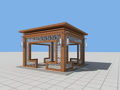 Chinese Wooden Pavilion With Carved Patterns Ornate Roof Columns On Tile Floor Against Blue Sky 3d model