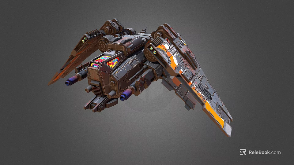 Complex Interstellar Spaceship Design With Dark Brown Gray Orange Yellow Stripes And Thrusters 3d model 