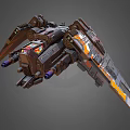Complex Interstellar Spaceship Design With Dark Brown Gray Orange Yellow Stripes And Thrusters