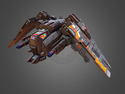 Complex Interstellar Spaceship Design With Dark Brown Gray Orange Yellow Stripes And Thrusters 3d model