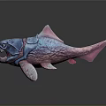 3D Model of Colorful Fantasy Fish with Blue Body Pink Fins and Open Mouth