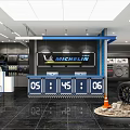 Modern Automotive Showroom Featuring White Convertible Sports Car Hexagonal Ceiling Blue Columns And Floor Lines